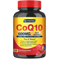 Bottle of CoQ10 600 mg softgels with Omega-3, PQQ and Vitamin E