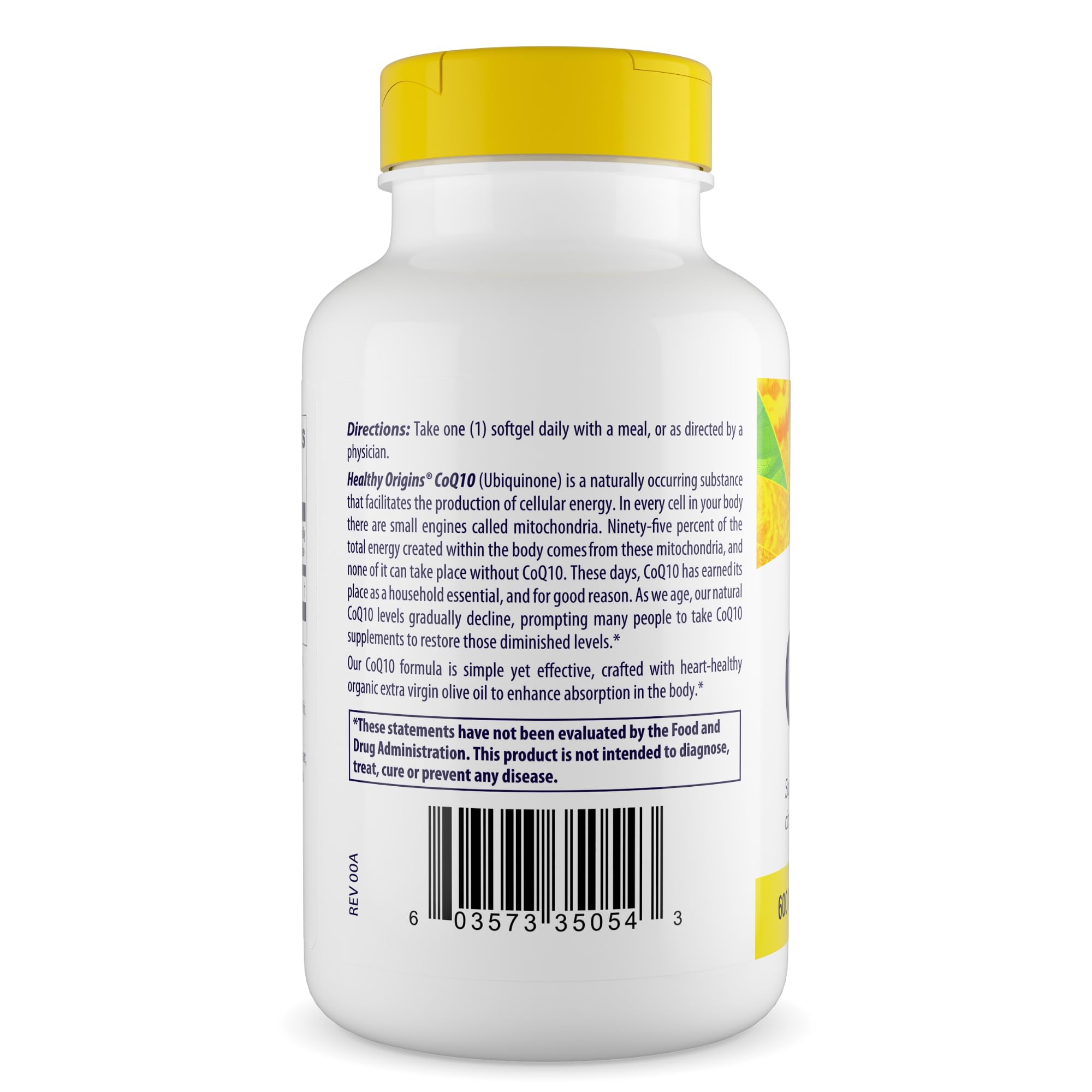 Close-up of CoQ10 600 mg label showing yeast-fermented ubiquinone