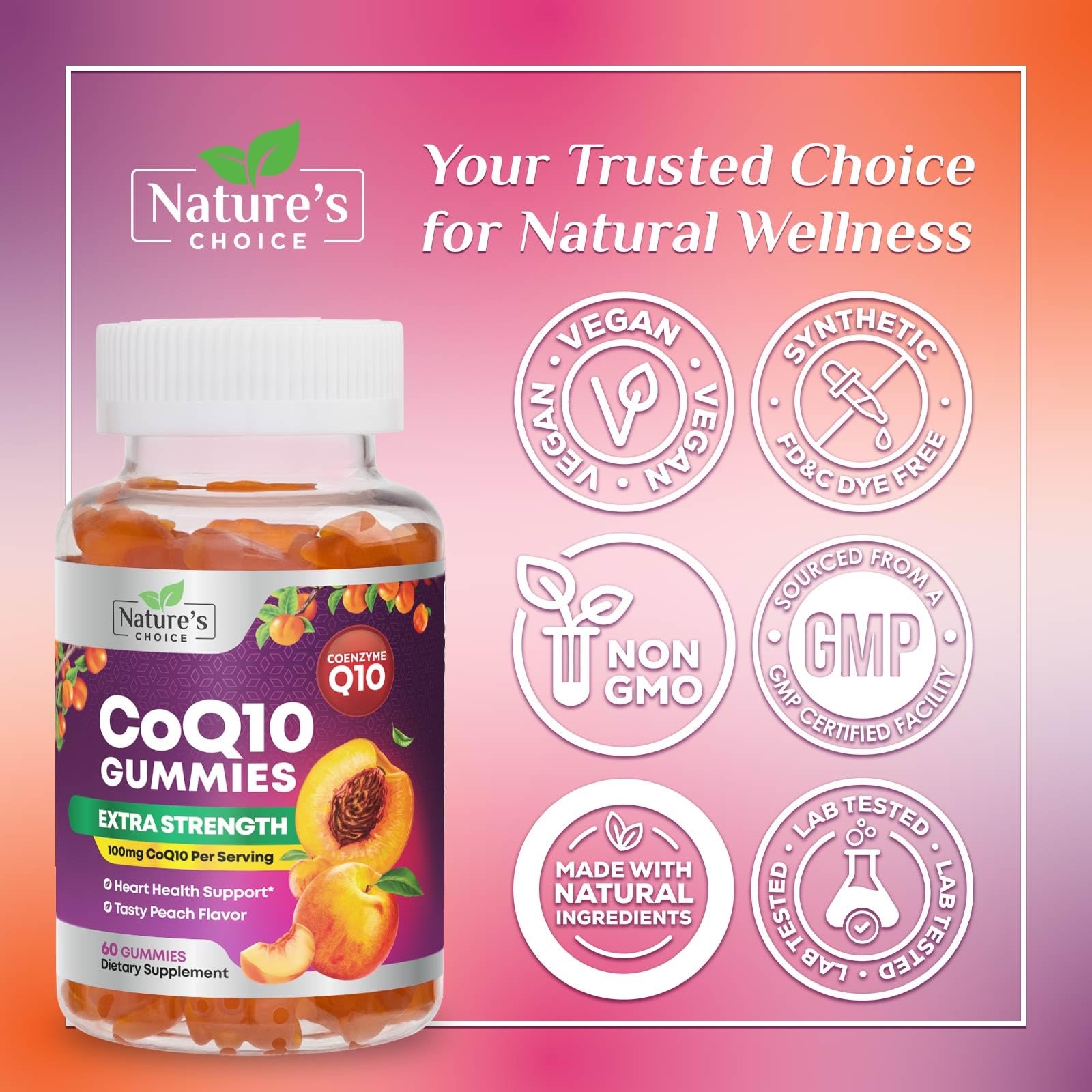 Close-up of CoQ10 Gummies label indicating 100 mg per serving