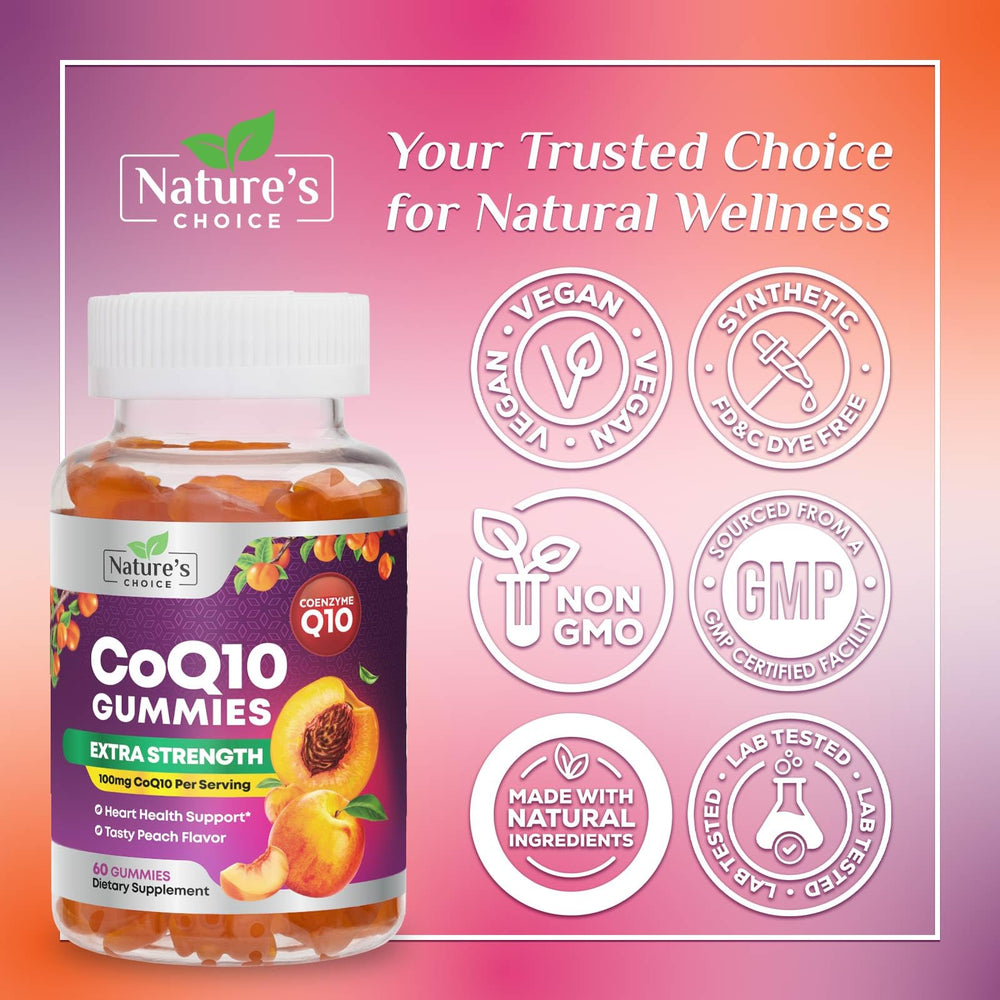 Close-up of CoQ10 Gummies label indicating 100 mg per serving