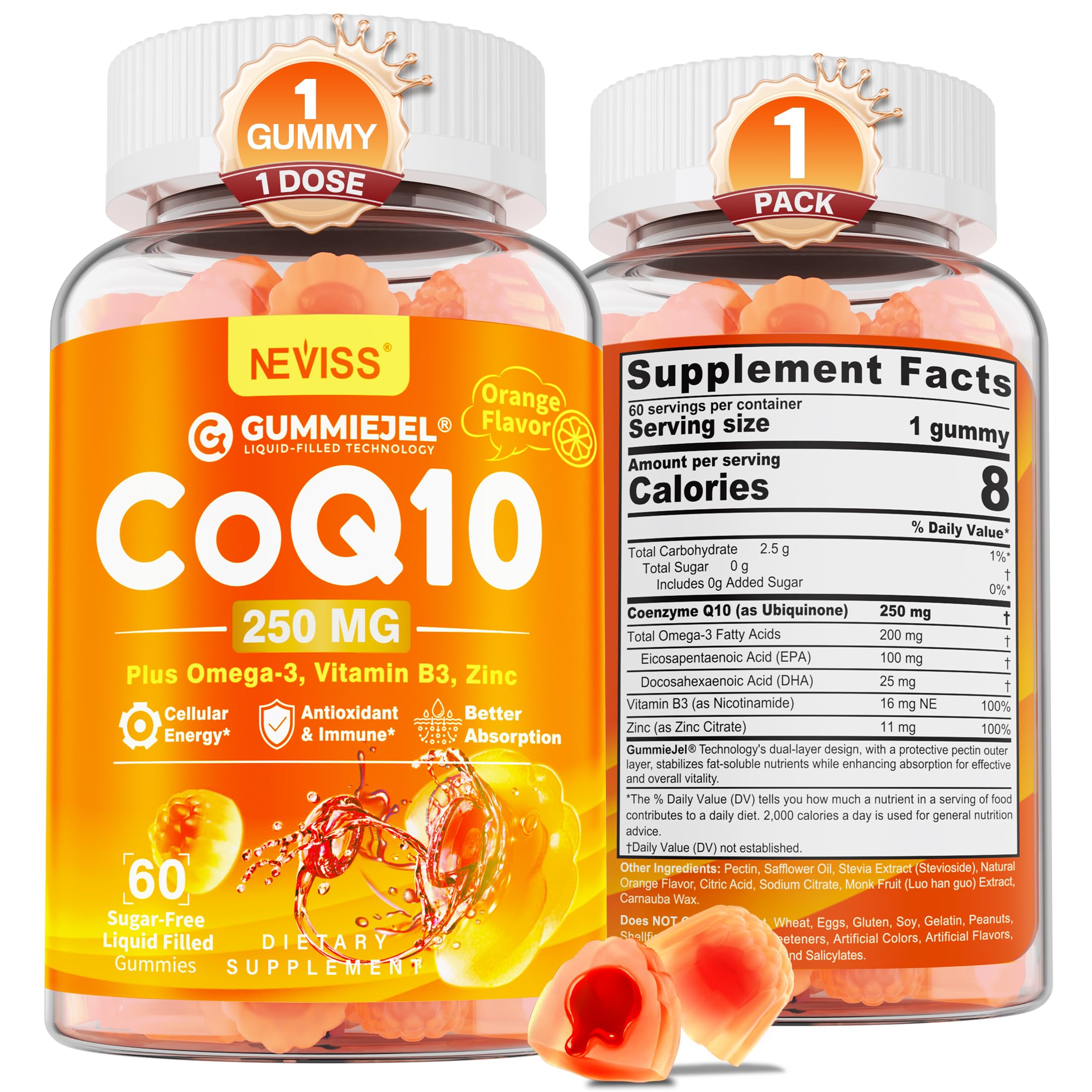 Hero image of sugar-free CoQ10 gummies with orange flavor