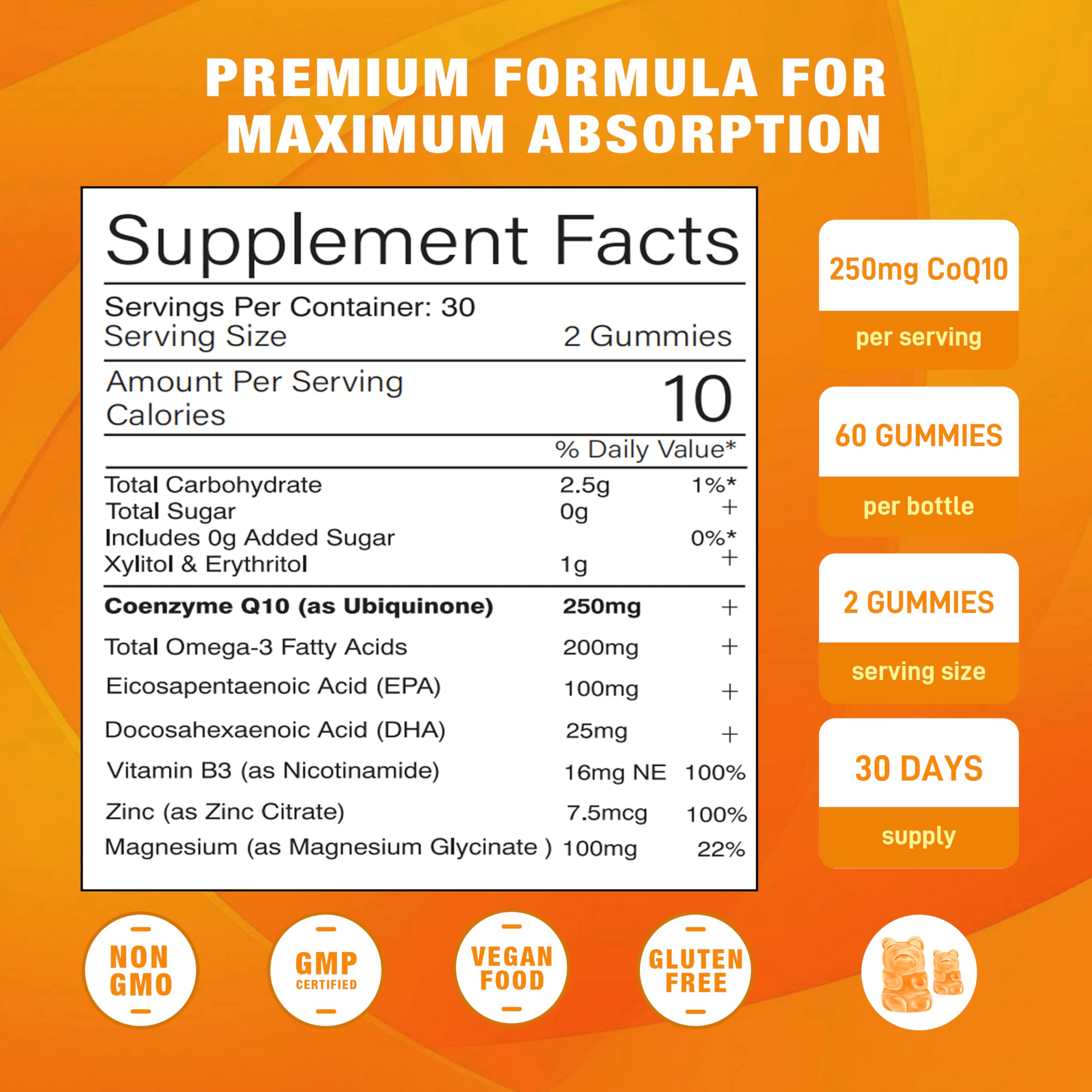 CoQ10 gummies with Omega-3, Vitamin B3, Zinc and Magnesium for enhanced absorption