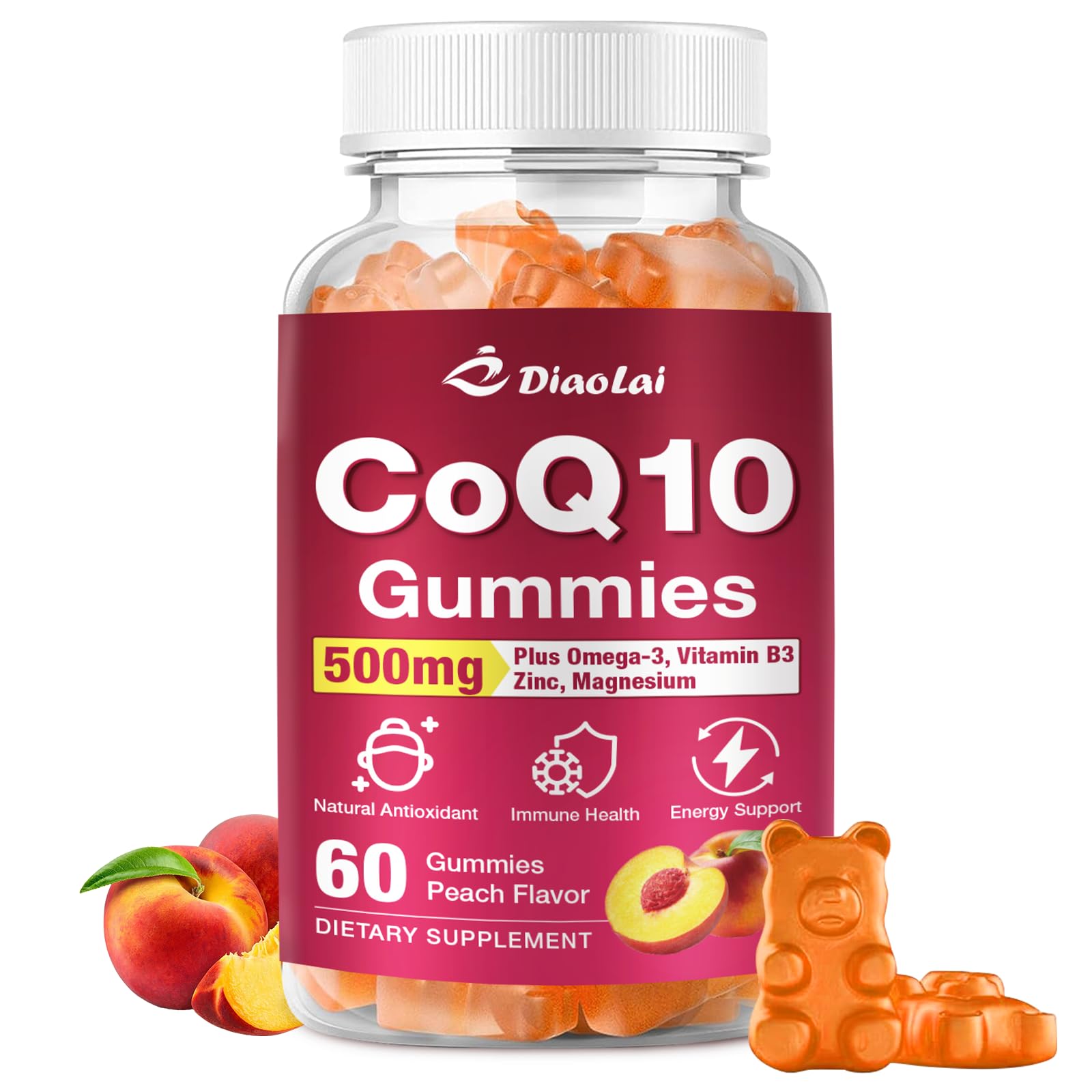 Front view of CoQ10 Gummies orange flavor bottle, 60 count