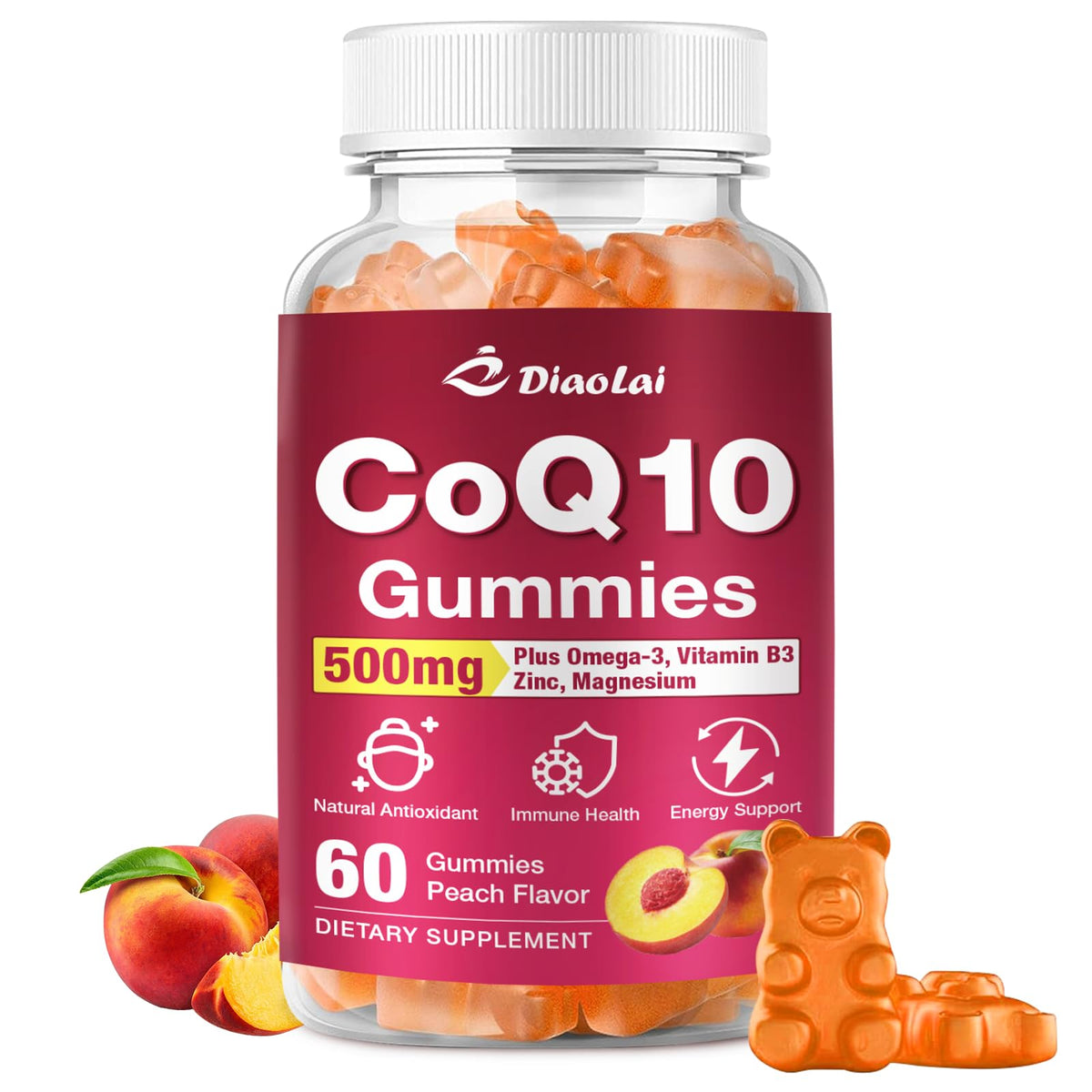 Front view of CoQ10 Gummies orange flavor bottle, 60 count