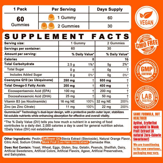 CoQ10 gummies highlight Omega-3 EPA and DHA content illustration