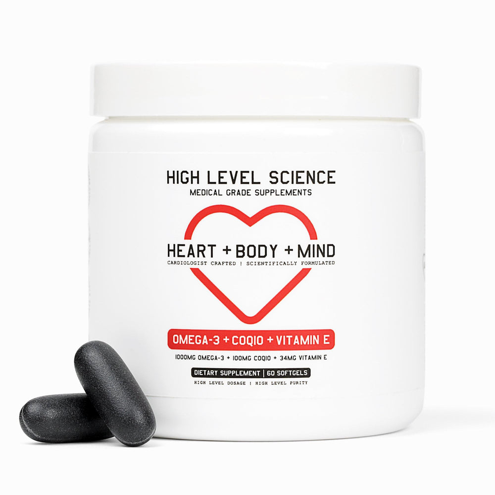 Front view of High Level Science CoQ10 Omega-3 Vitamin E softgels bottle
