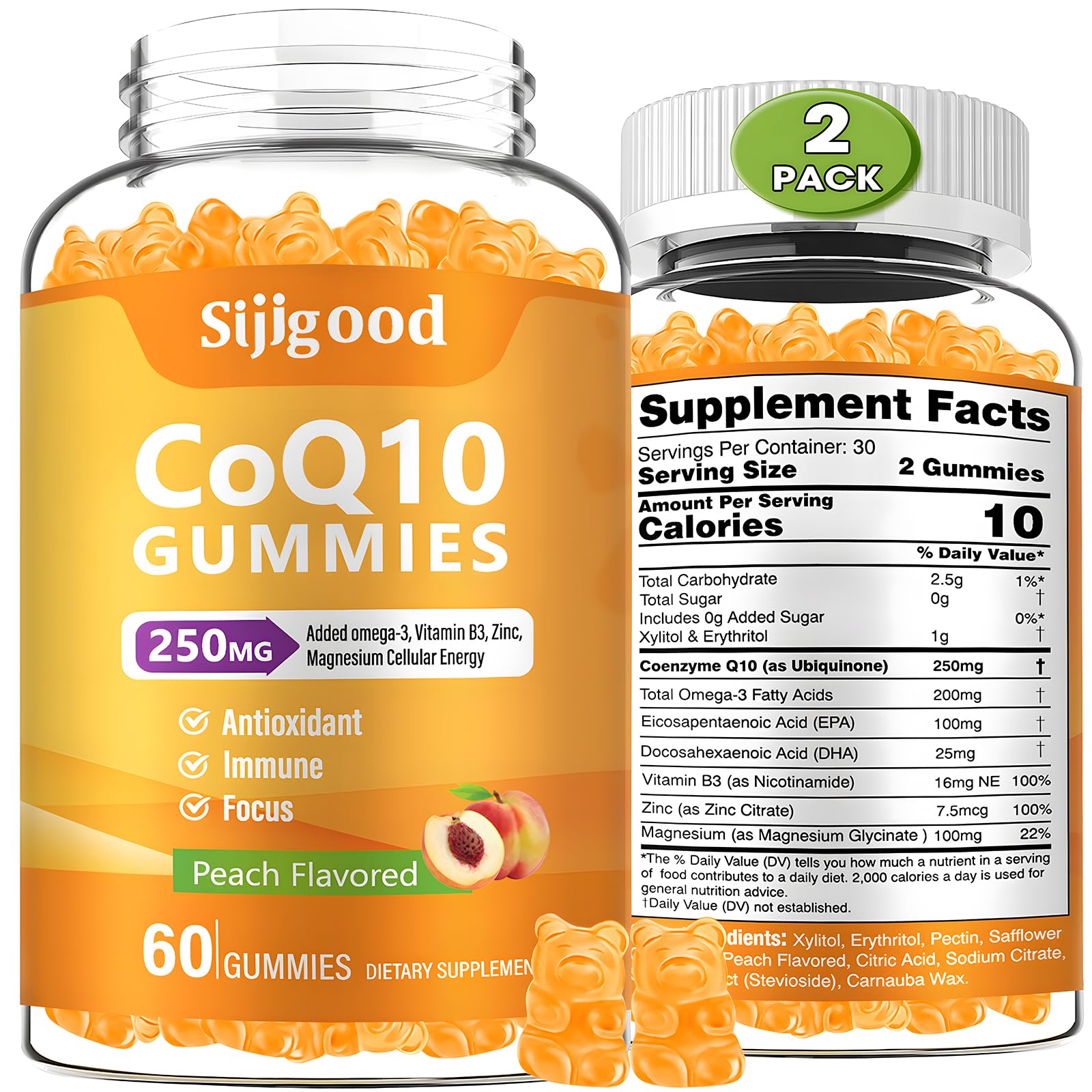 Front view of peach-flavored CoQ10 gummies bottle, 120 count