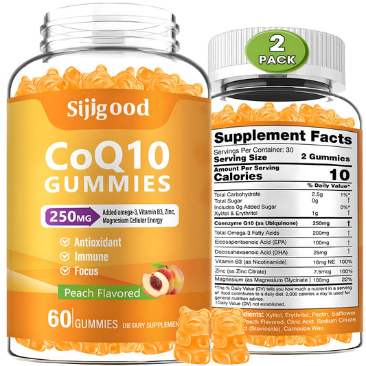 Front view of peach-flavored CoQ10 gummies bottle, 120 count