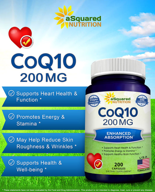 Back label showing supplement facts for aSquared Nutrition CoQ10 200 capsules