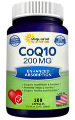 Front view of aSquared Nutrition CoQ10 200 capsules bottle with 200 mg per capsule