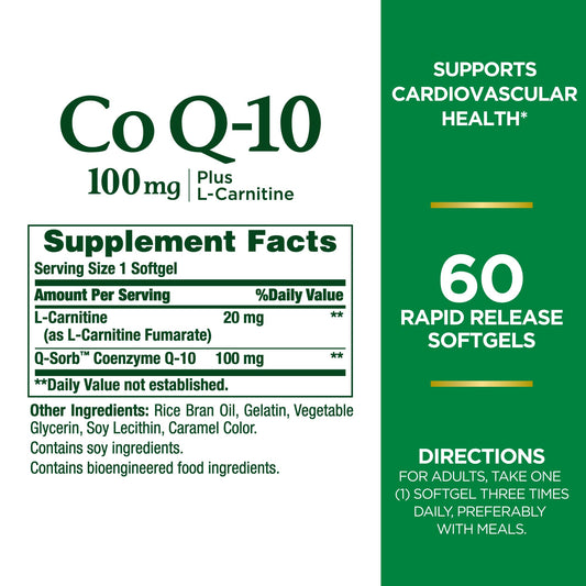 Close-up of CoQ-10 Plus L-Carnitine rapid-release softgels