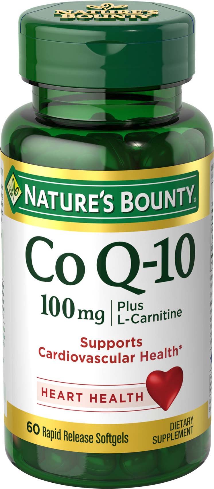 Front view of Nature's Bounty CoQ-10 Plus L-Carnitine bottle and label
