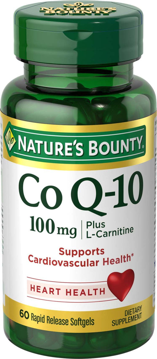 Front view of Nature's Bounty CoQ-10 Plus L-Carnitine bottle and label