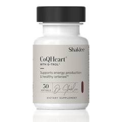 CoQHeart with Q-Trol energy support softgels on white background