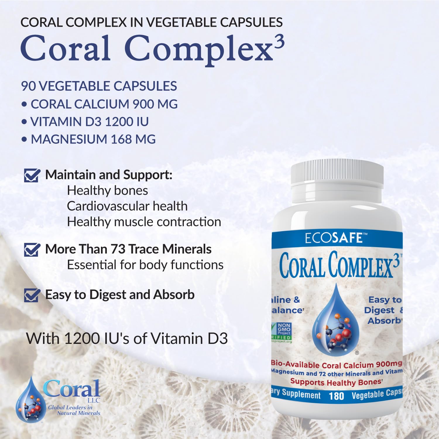 Close-up of Coral Complex 3 label highlighting 900 mg coral calcium