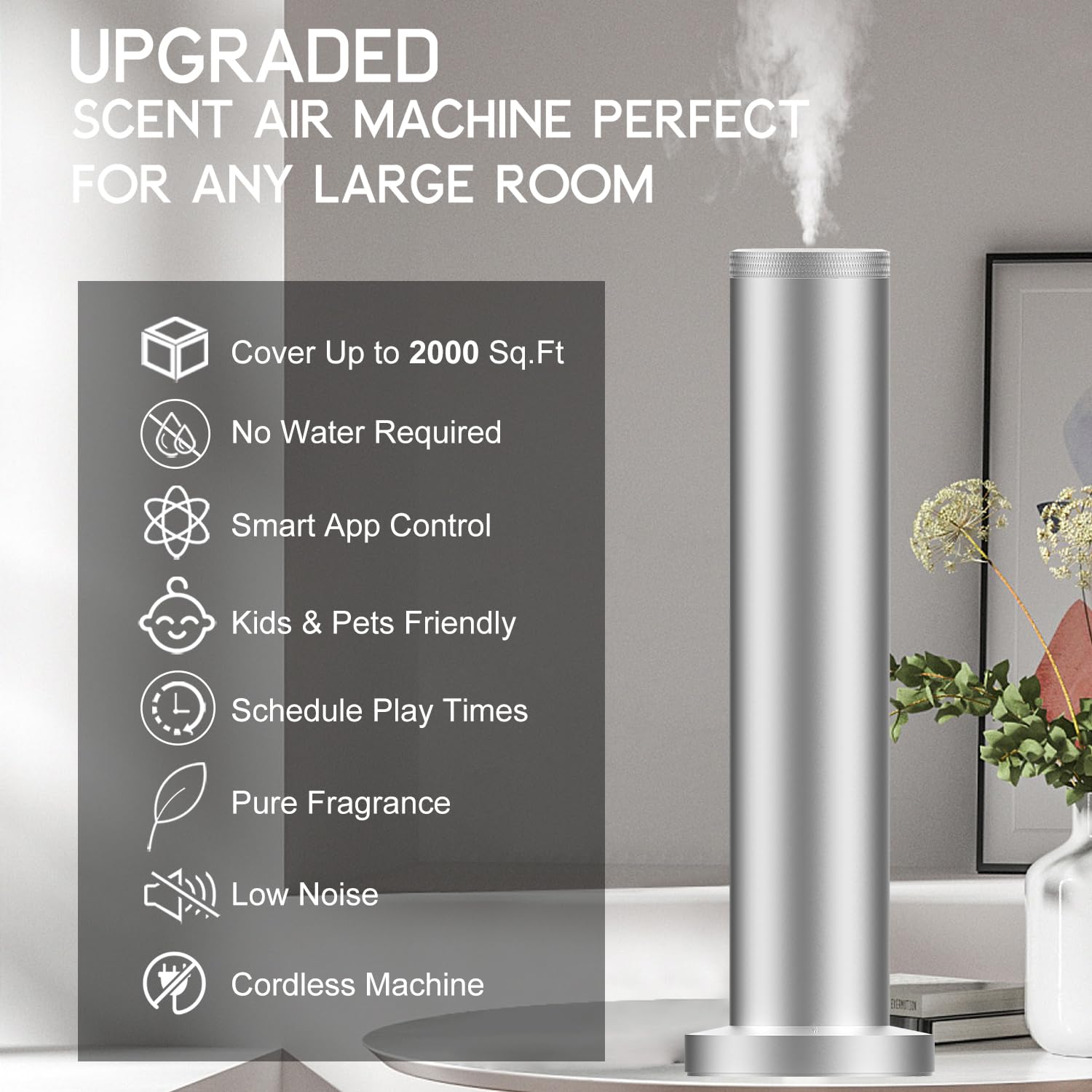Cordless diffuser in silver - side view with control buttons