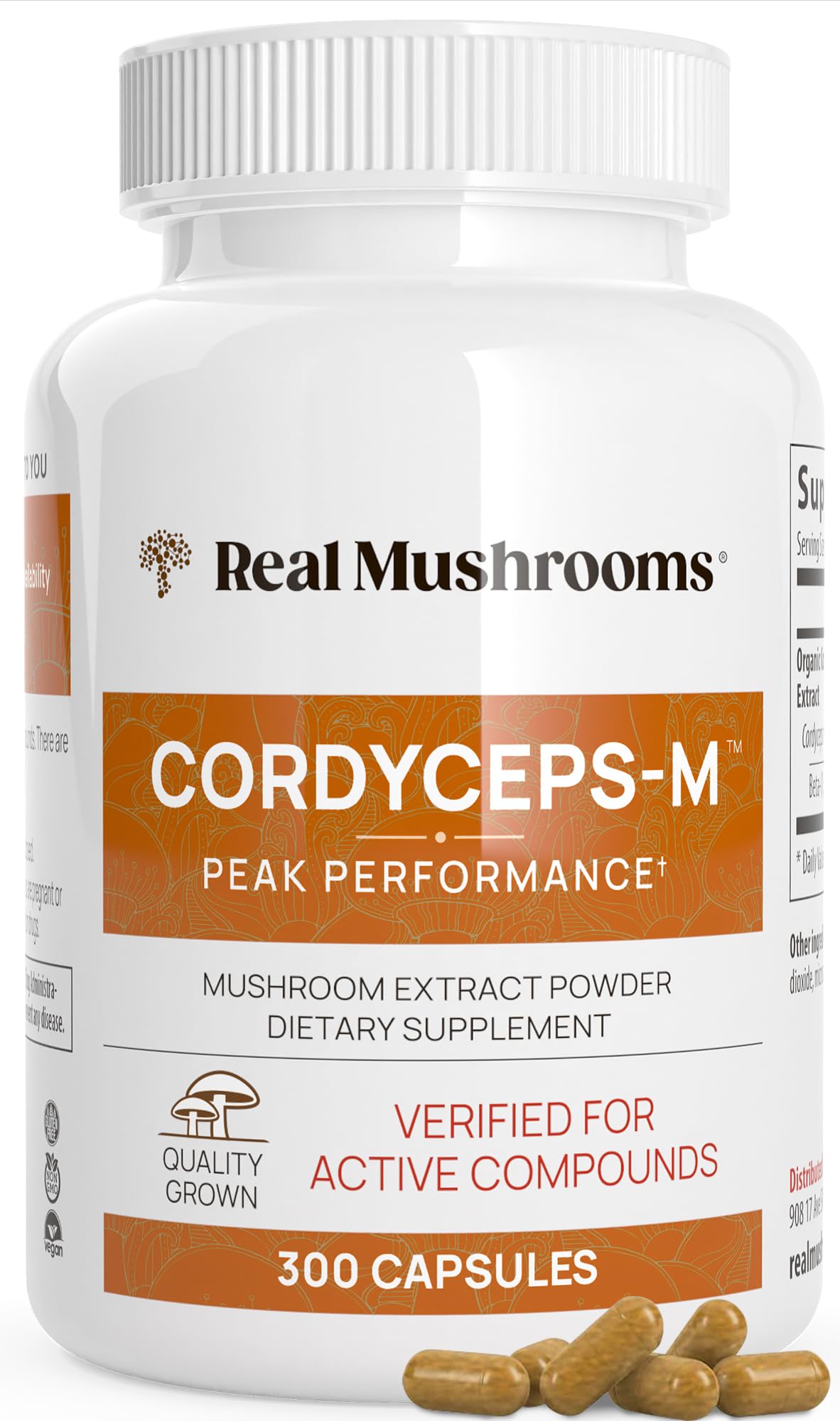 Real Mushrooms Cordyceps capsules bottle on white background