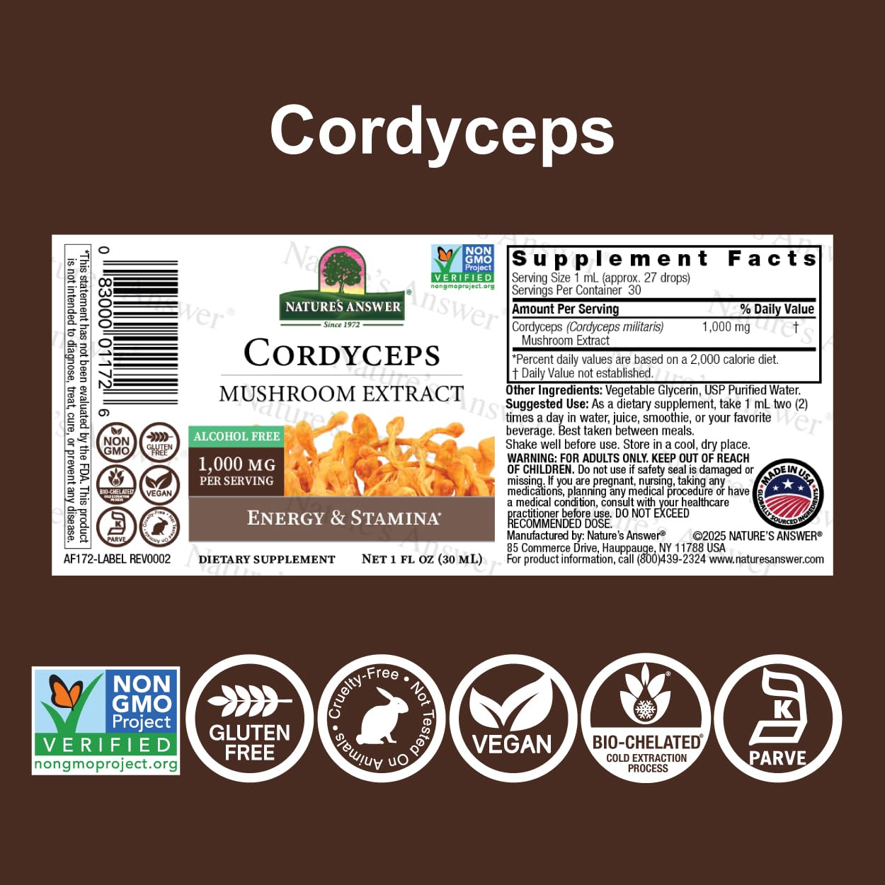 Cordyceps fruiting body representing 1,000 mg per serving