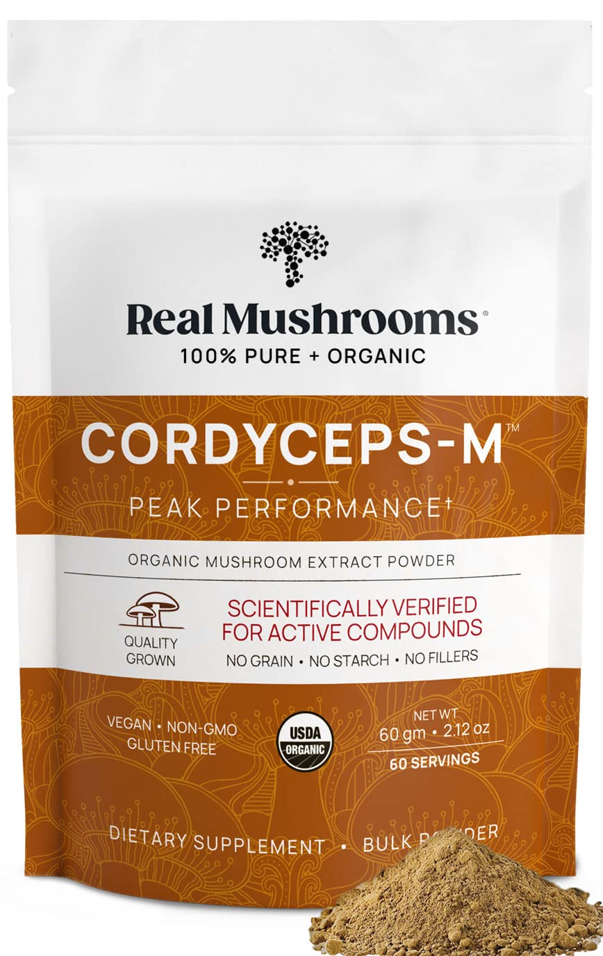 Real Mushrooms Cordyceps Powder bottle on a kitchen counter