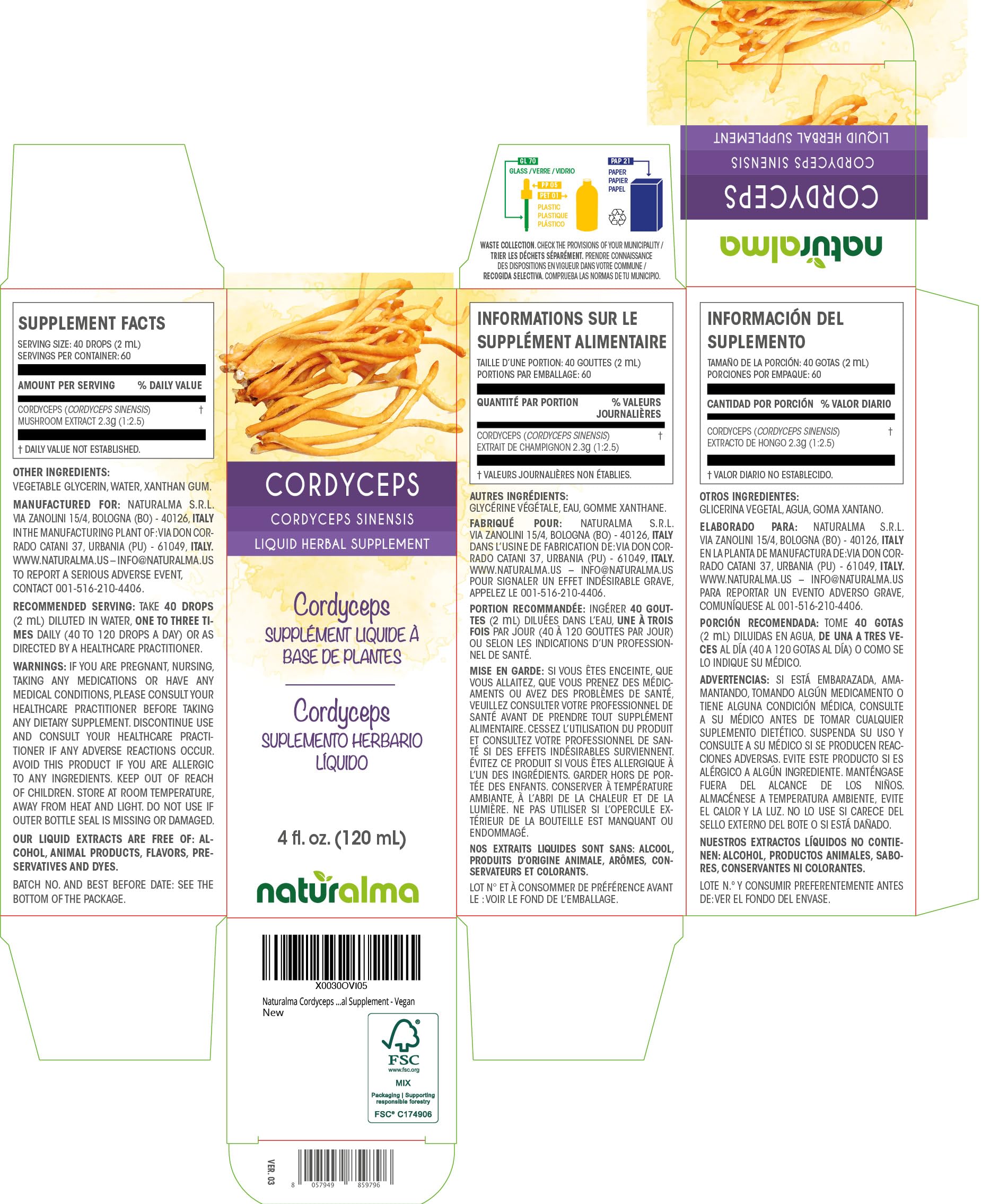 Cordyceps sinensis liquid extract 1:2.5 label on bottle