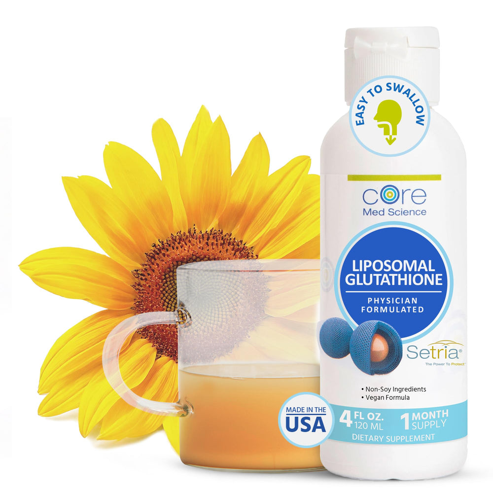 Bottle of Core Med Science Liposomal Glutathione Liquid with citrus flavor