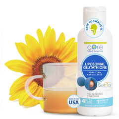 Core Med Science liposomal glutathione liquid bottle on a counter supports daily wellness.