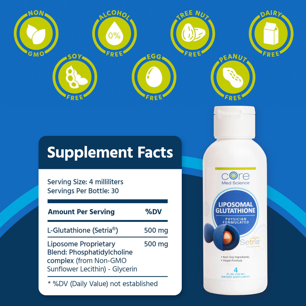Label close-up of Core Med Science liposomal glutathione liquid highlights premium phospholipid complex.