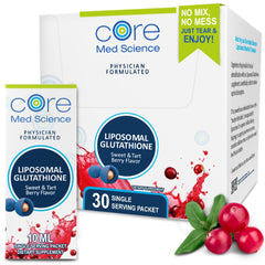 Front box of Core Med Science Liposomal Glutathione Sweet & Tart Berry
