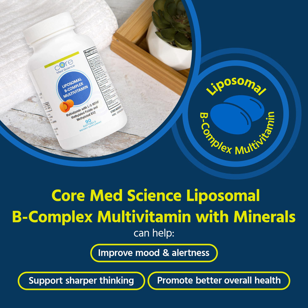 Core Med Science Liposomal Methylated B-Complex capsules ready for energy metabolism.