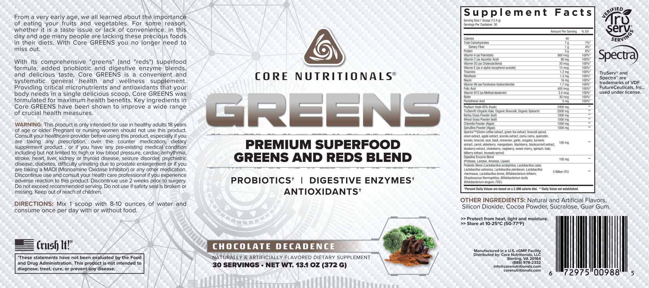 Core Nutritionals Greens Chocolate Decadence product packaging and label
