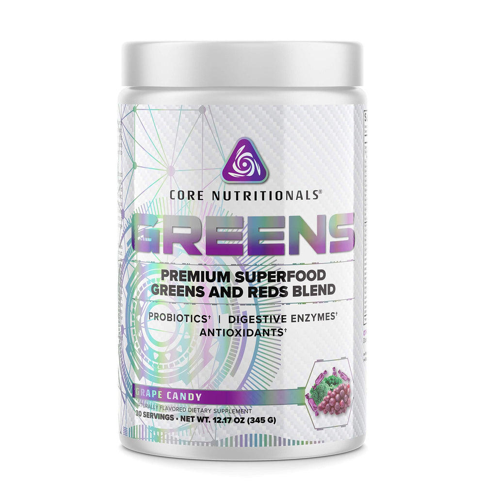 Core Nutritionals Greens bottle showing Grape Candy flavor