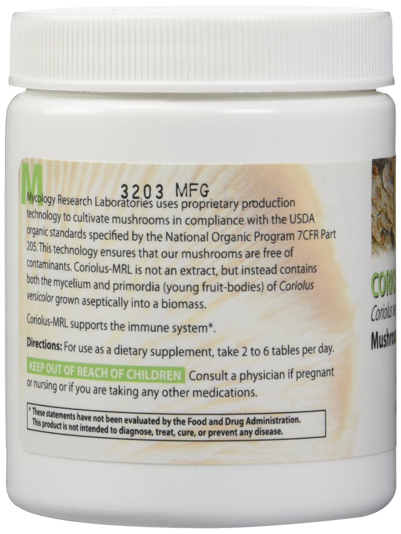 Mycology Research Labs Coriolus Versicolor MRL 500 mg bottle side view