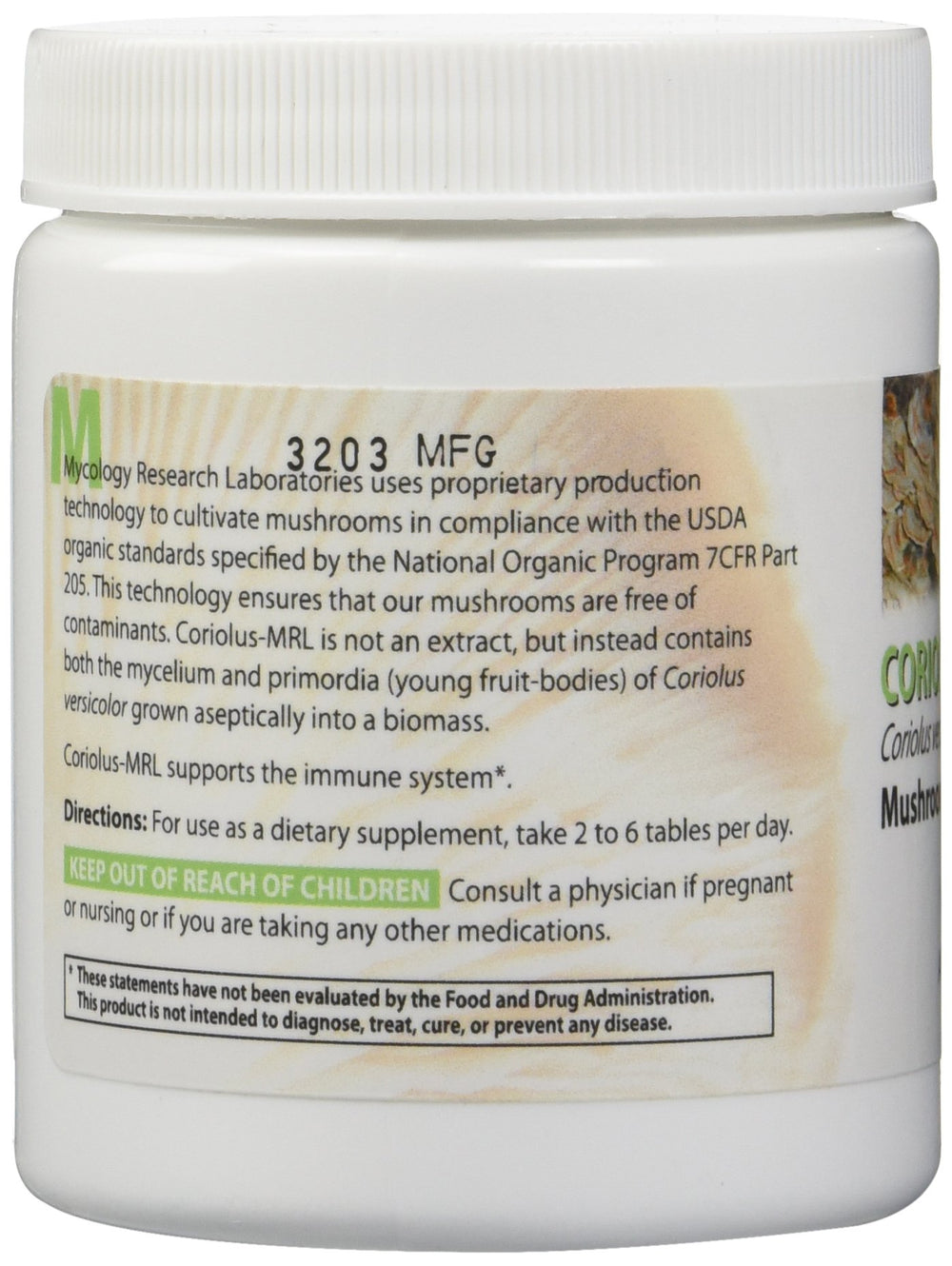 Mycology Research Labs Coriolus Versicolor MRL 500 mg bottle side view