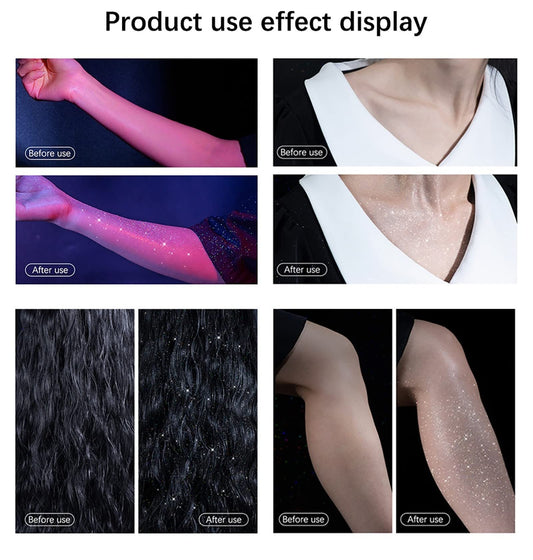 Corleone body glitter spray enhances skin glow on arms and legs.