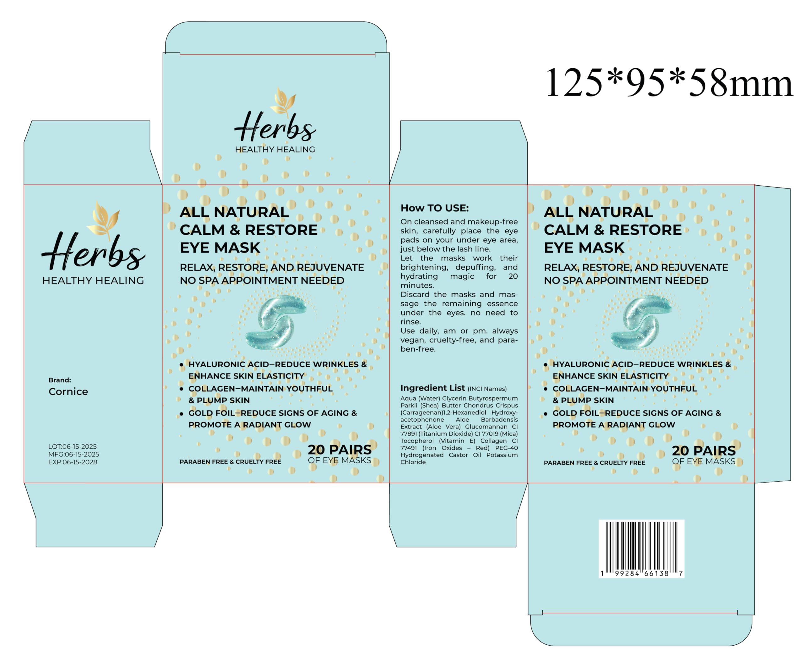 Cornice under-eye patches with 24K gold backing for luxurious absorption.