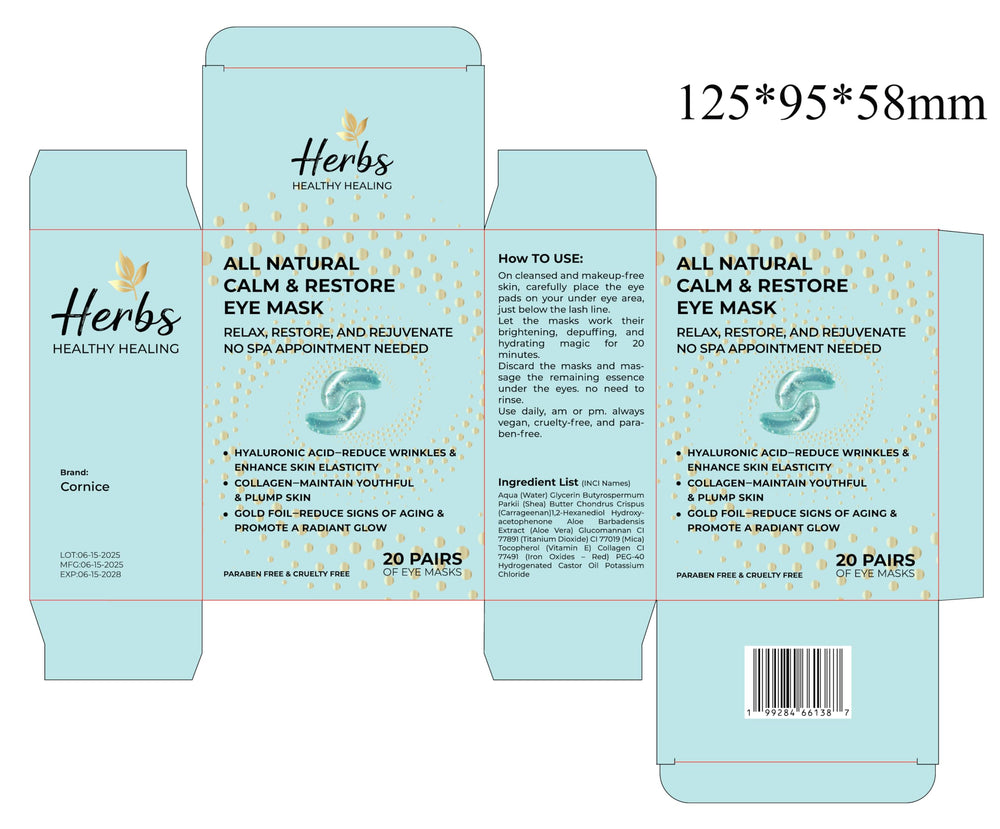Cornice under-eye patches with 24K gold backing for luxurious absorption.