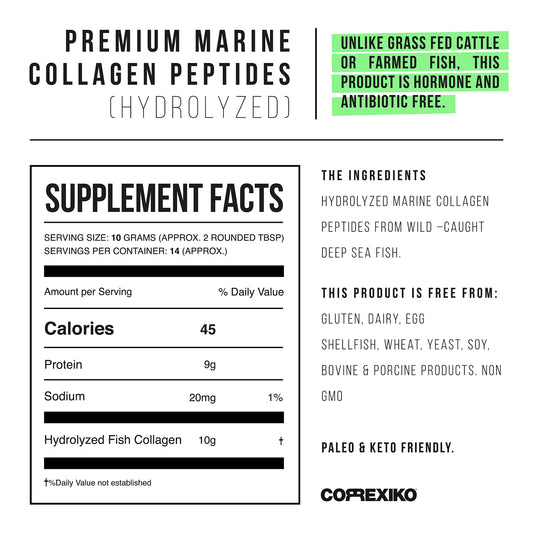 Close-up of the marine collagen powder label showing 10,000mg per serving