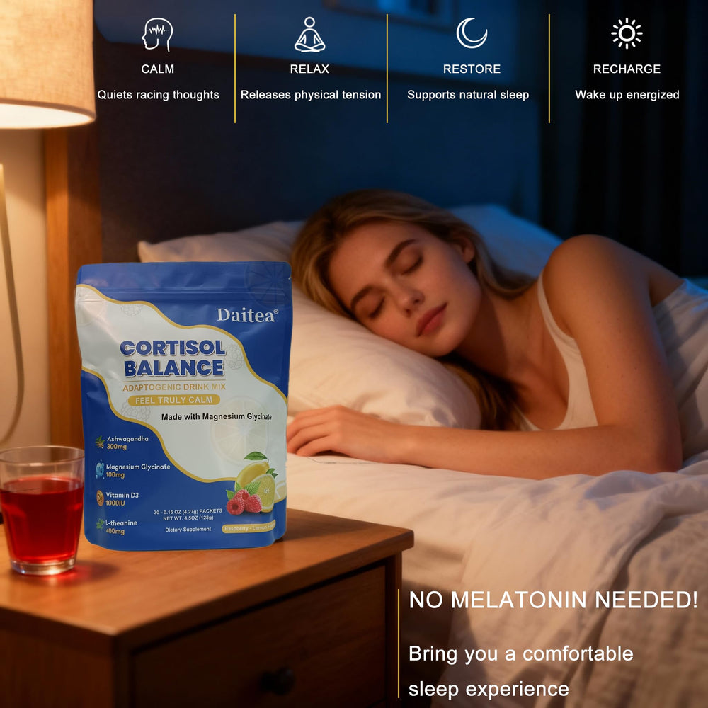 Ingredients highlight including magnesium glycinate, L-Theanine, and ashwagandha