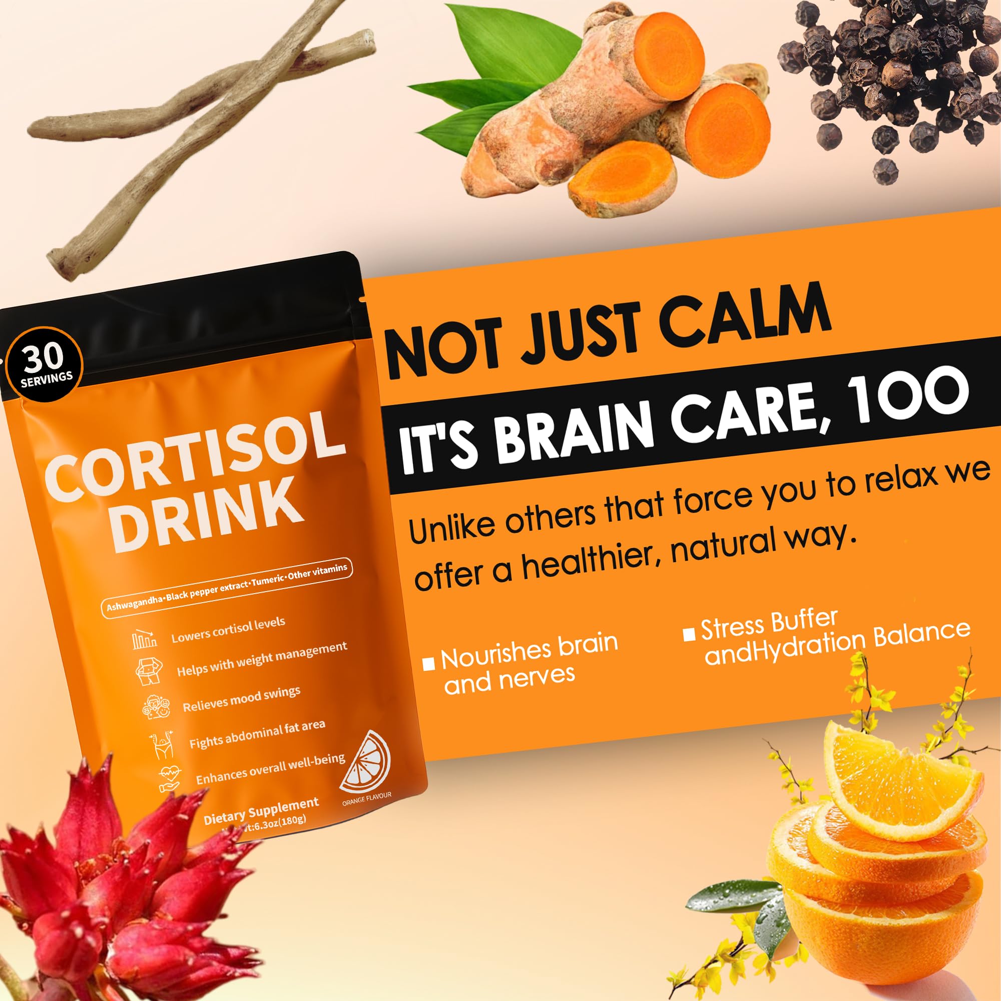 Measuring scoop with Cortisol Drink Powder prepared in a glass
