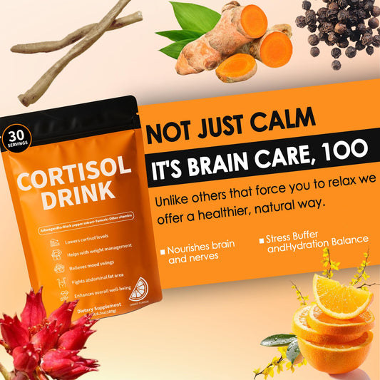 Measuring scoop with Cortisol Drink Powder prepared in a glass