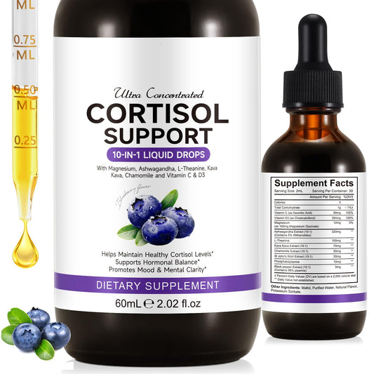 Front view of cortisol 10-in-1 blueberry liquid drops bottle