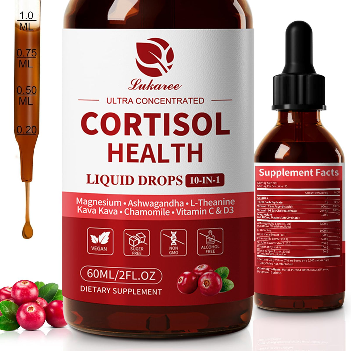 Cortisol Drops bottle with Cranberry flavor