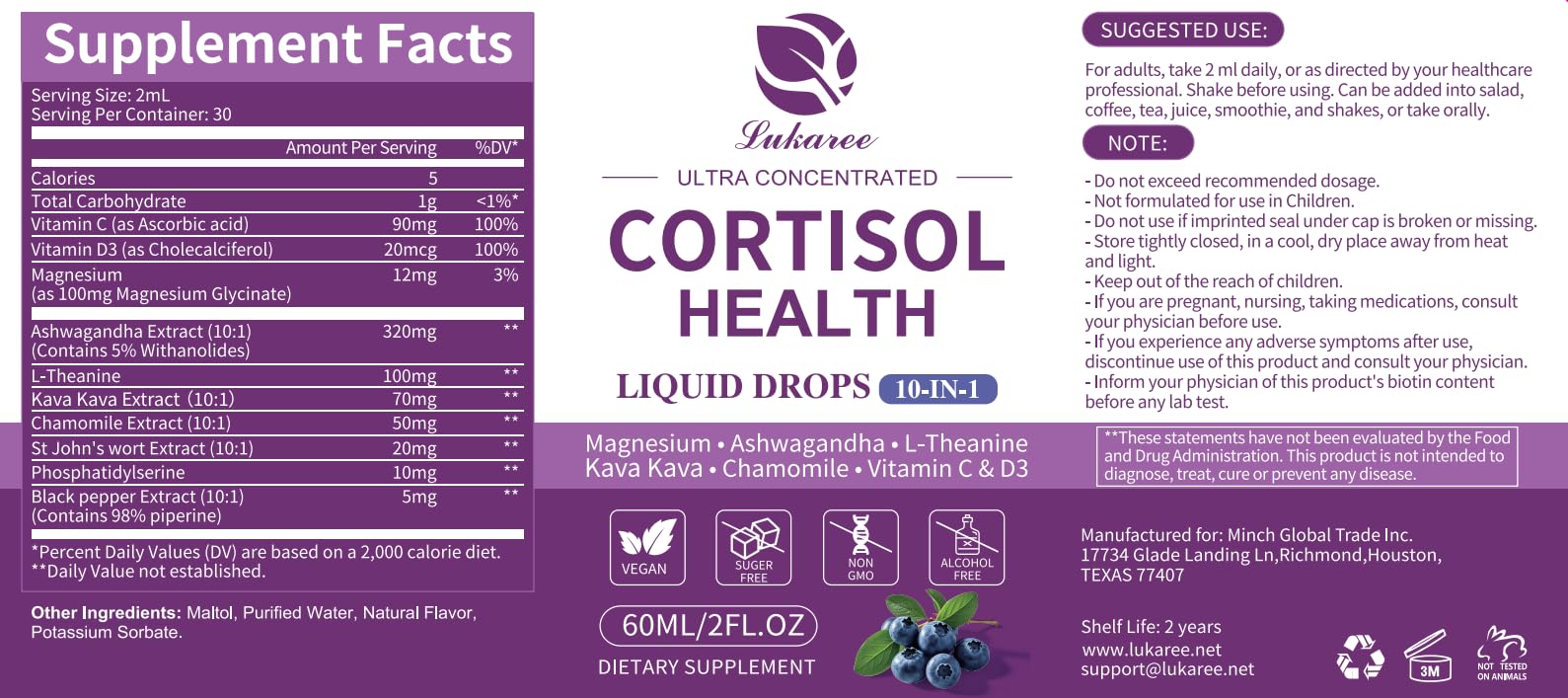 Back view of Cortisol Drops Blueberry bottle