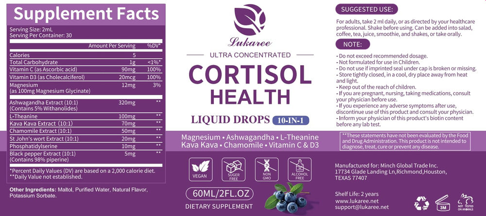 Back view of Cortisol Drops Blueberry bottle