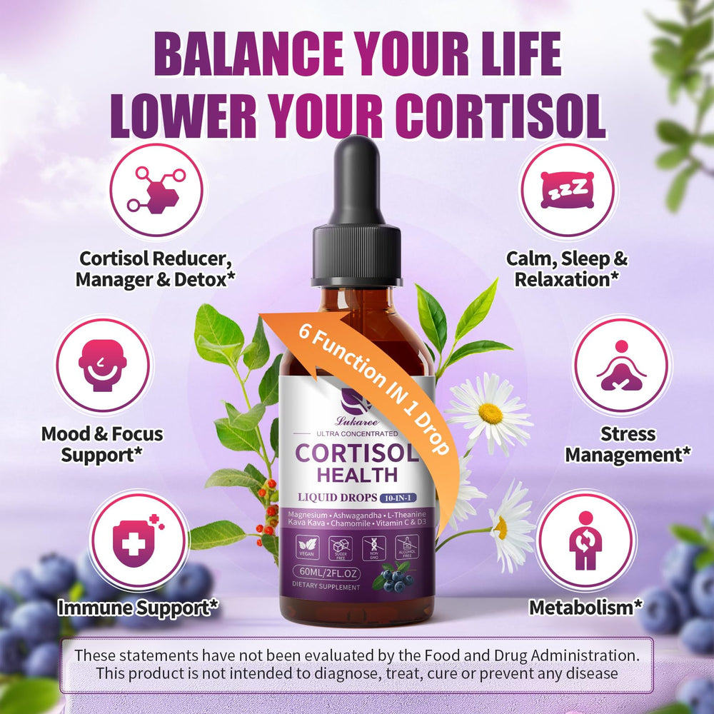 Close-up of Cortisol Drops Blueberry bottle label