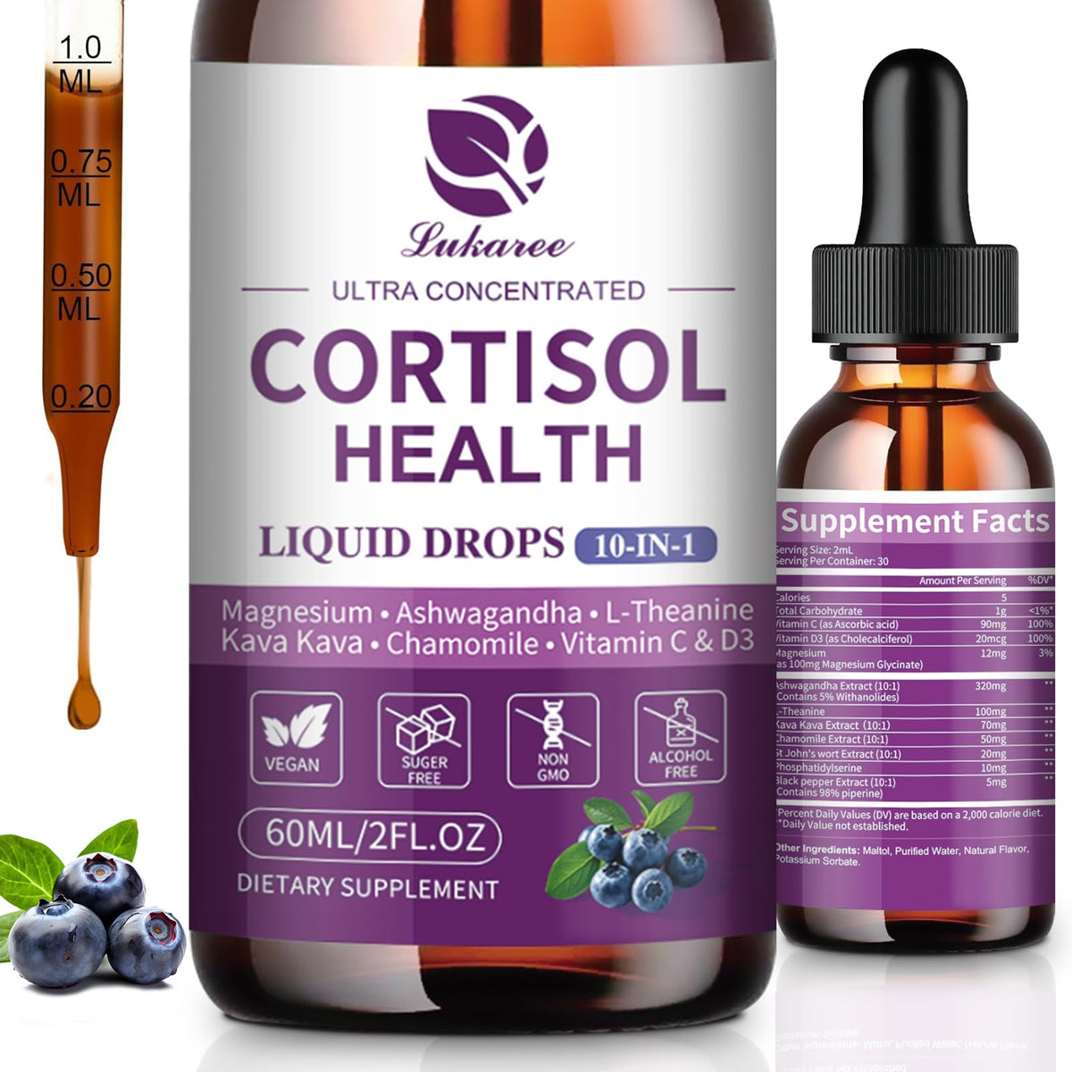 Front view of Cortisol Drops Blueberry flavor bottle