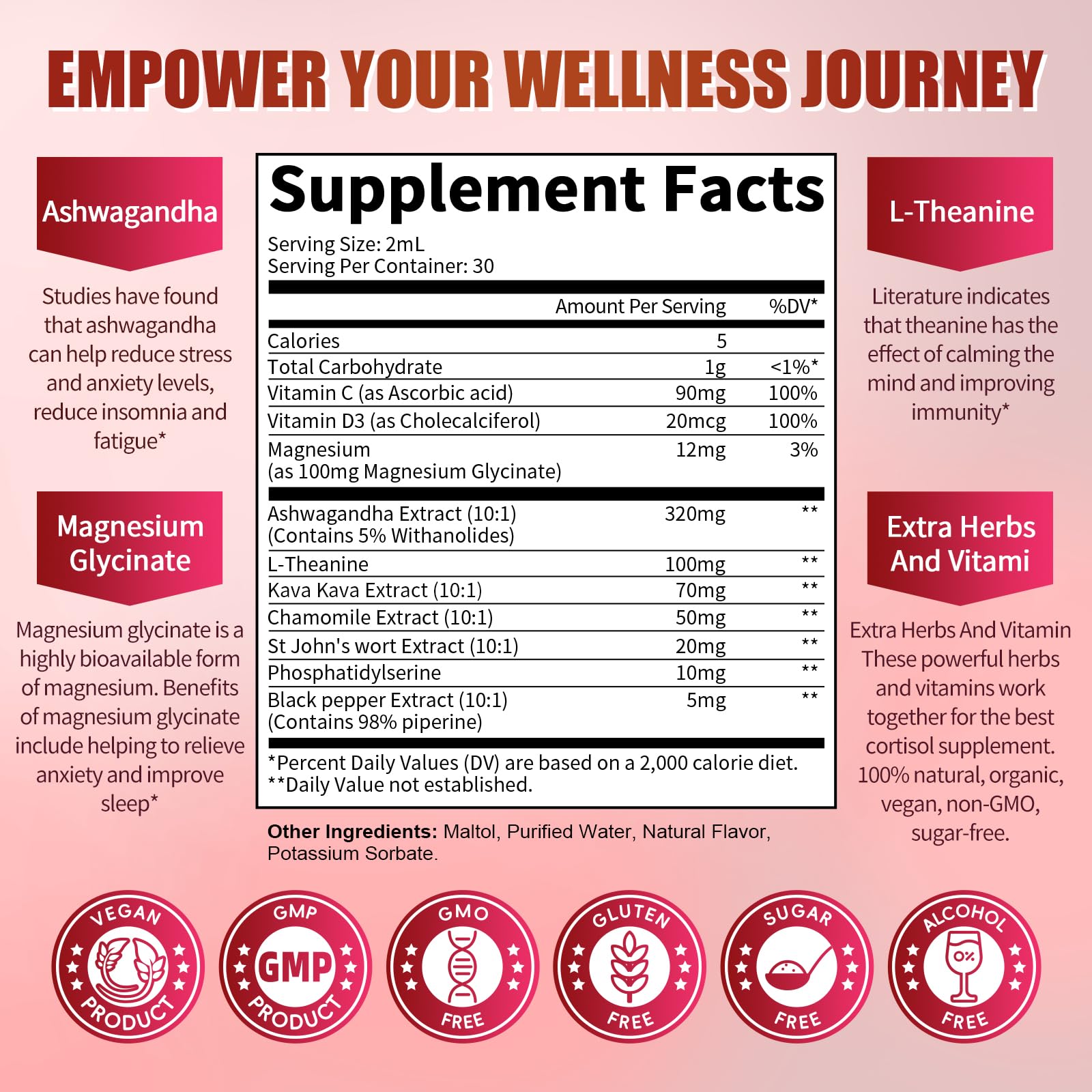 Close-up of cortisol supplement liquid drops bottle with dropper
