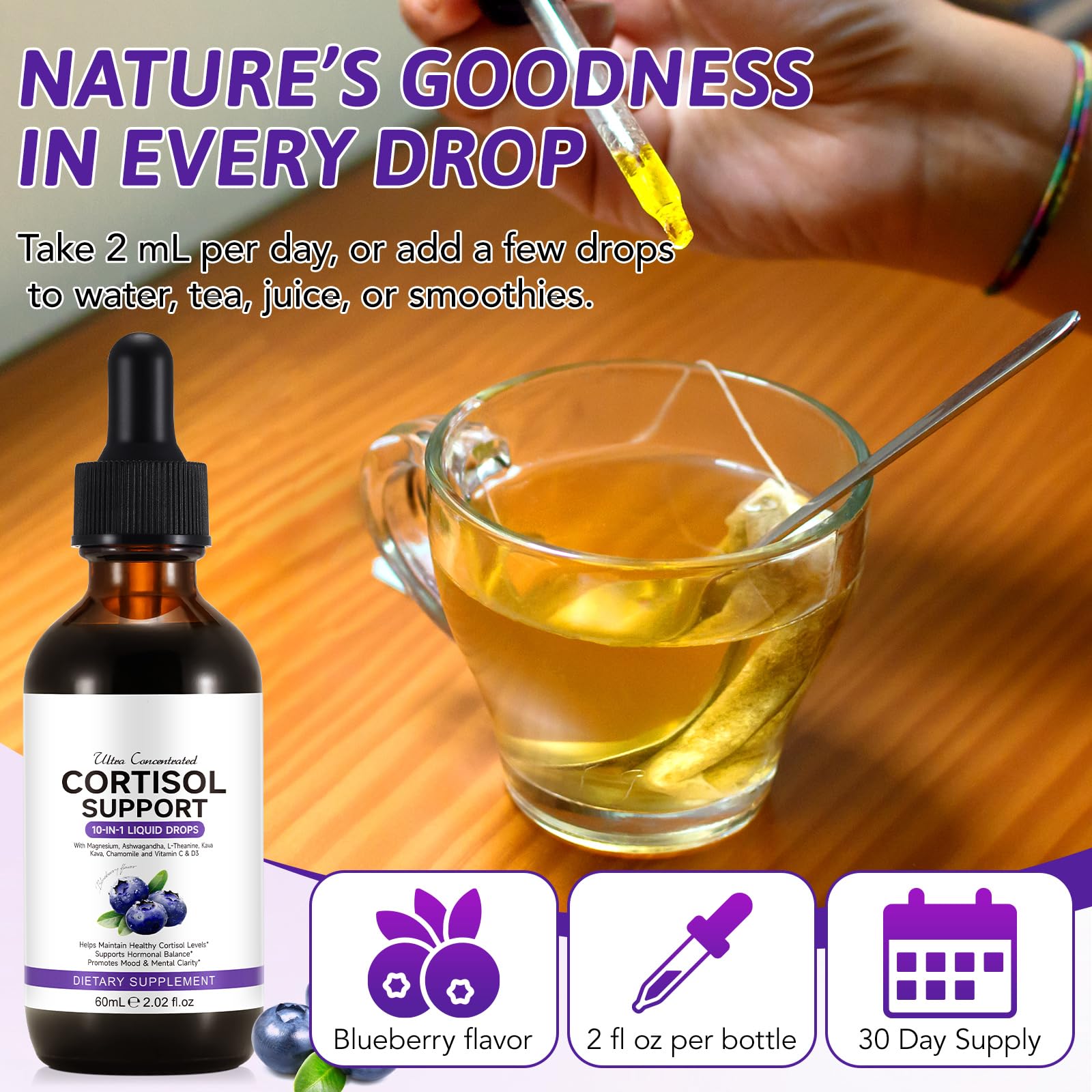 Cortisol drops highlighting mood, focus, and immune support