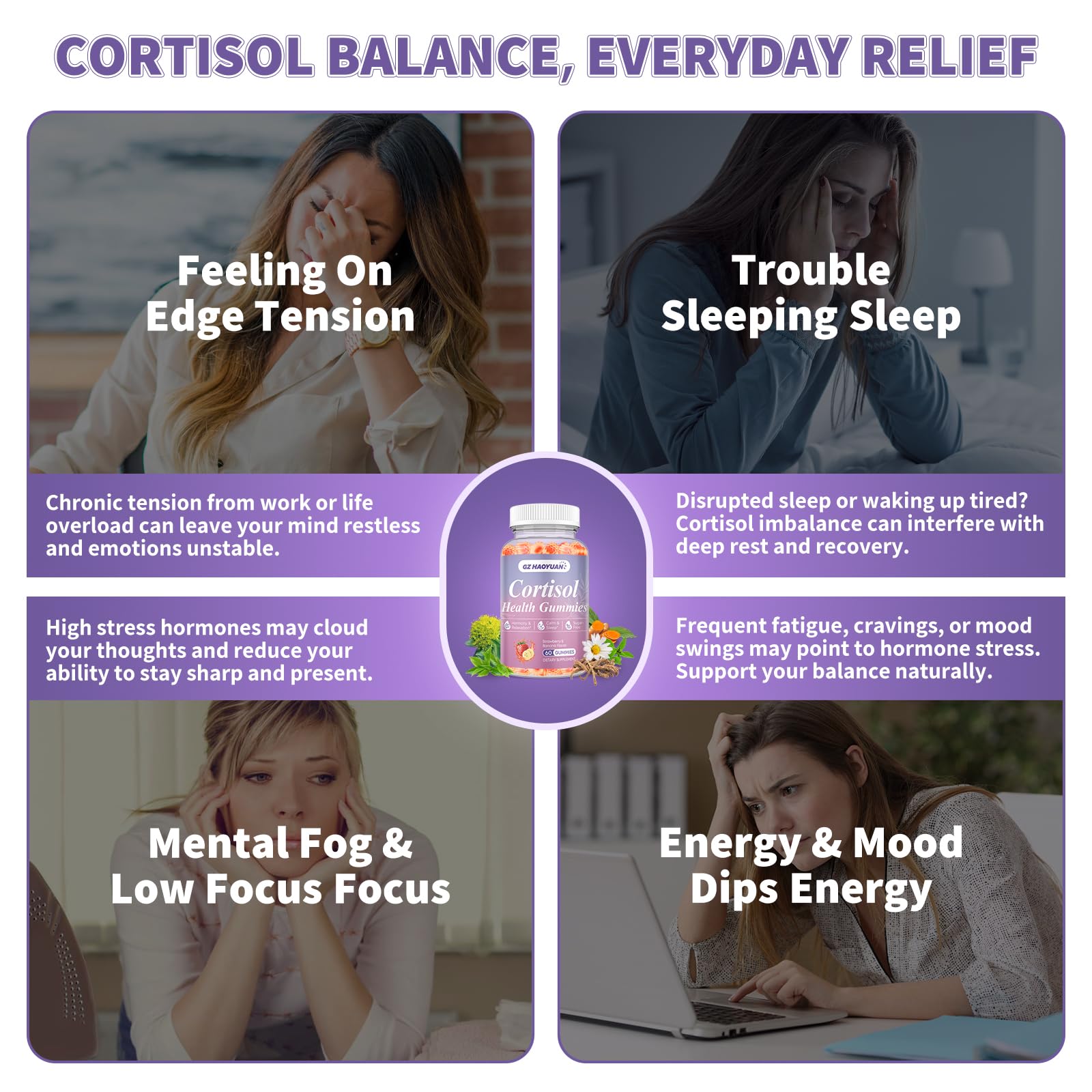 Packaging highlighting the 10-in-1 cortisol support formula