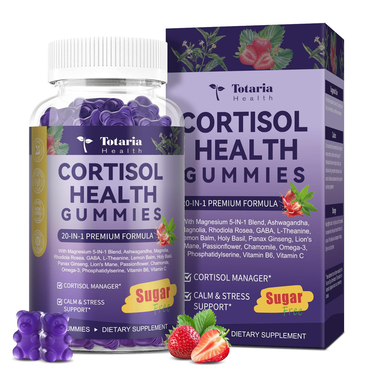 Cortisol Gummies 20-in-1 bottle front view on white background